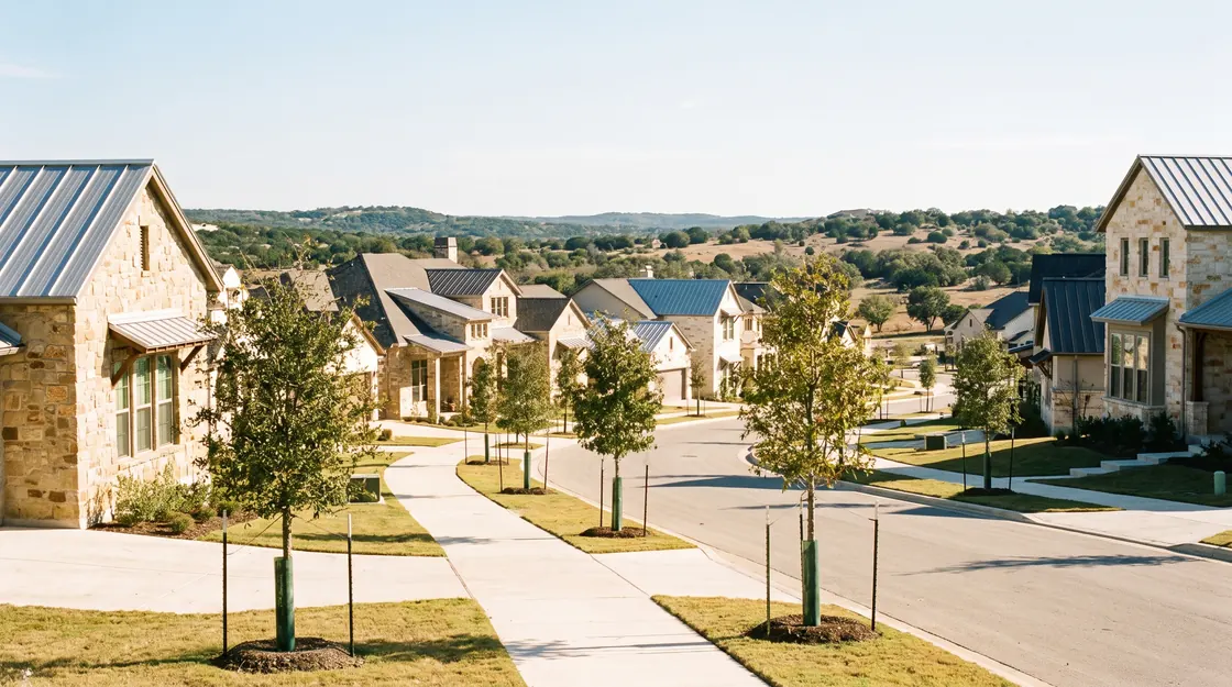 A hill country neighbourhood of limestone-faced homes with young oak trees