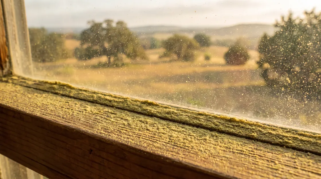 Yellow-green cedar pollen dust settled on a windowsill in early morning light