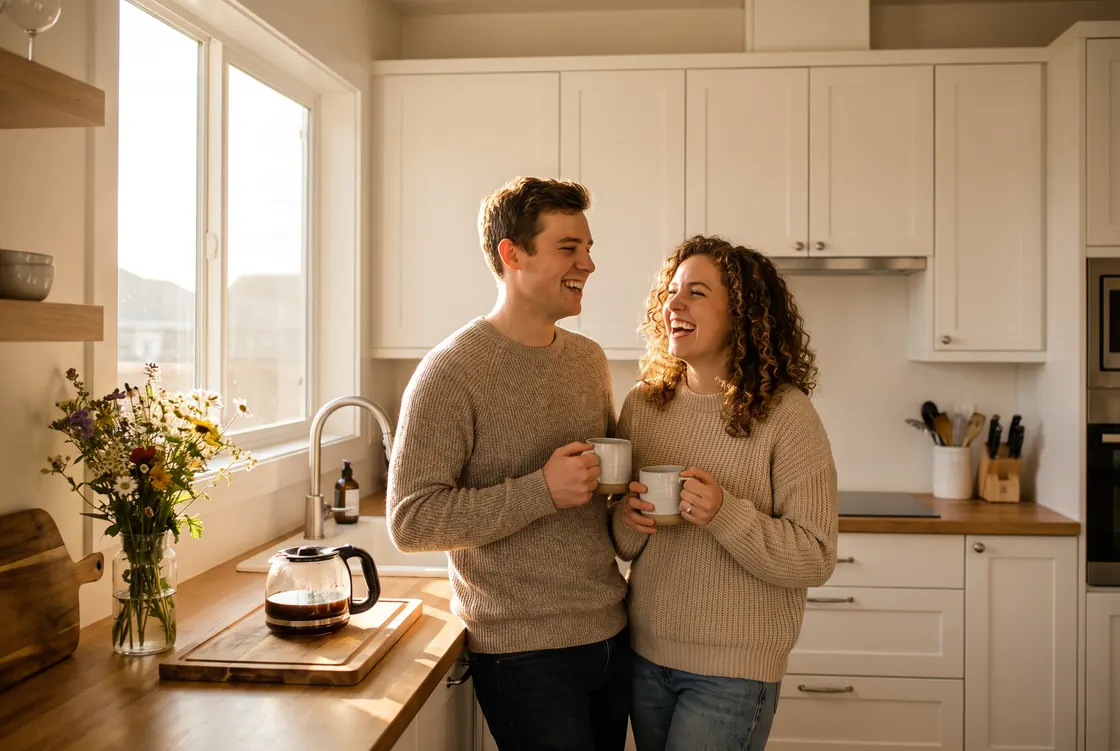 A couple laughing together with coffee in their bright, freshly cleaned kitchen