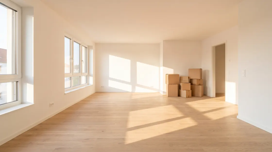 An empty apartment with bare wood floors and sunlight through tall windows