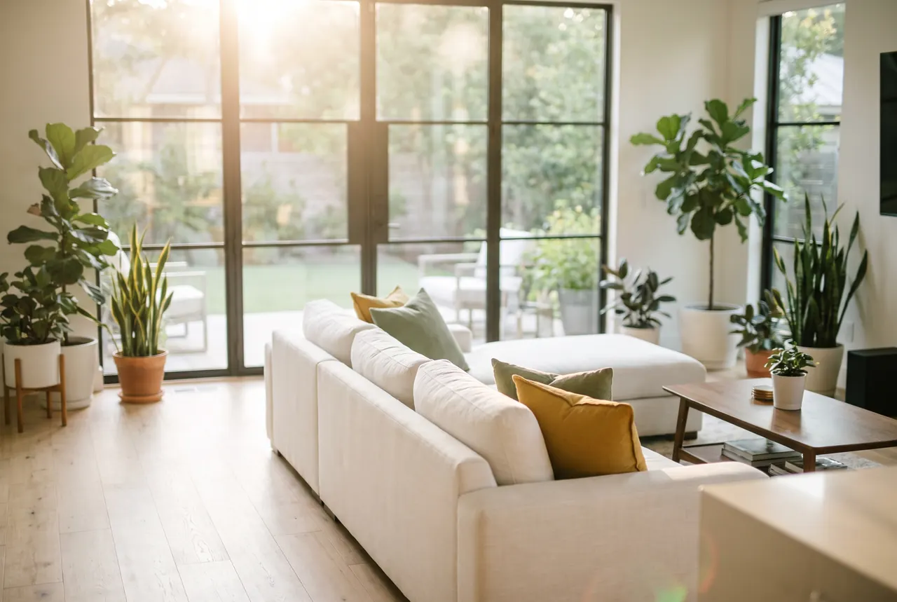 A bright Austin living room in warm morning light with pale oak floors and a white sofa