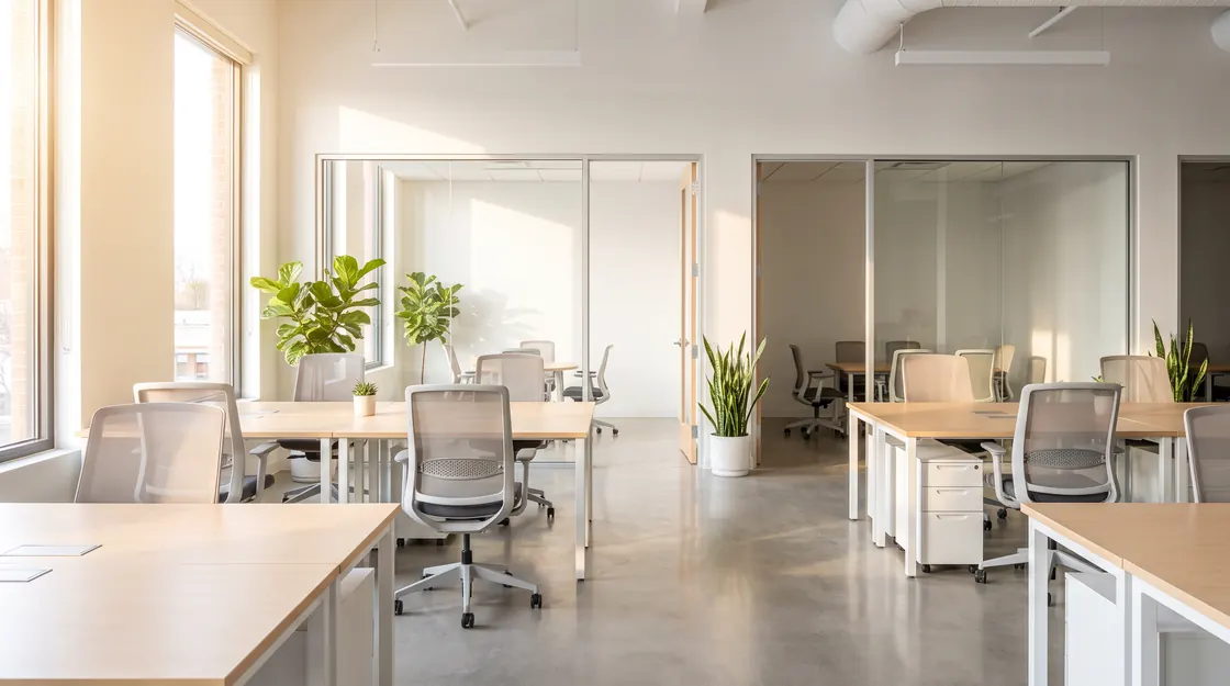 A bright small office interior with light wood desks and morning sun through large windows