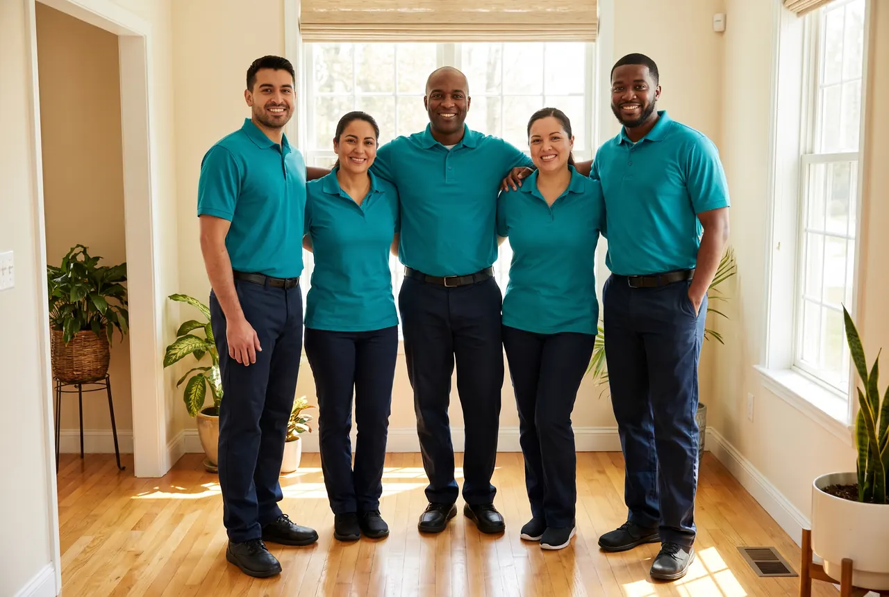Five Freshline cleaners in teal polo shirts standing together in a bright home entryway