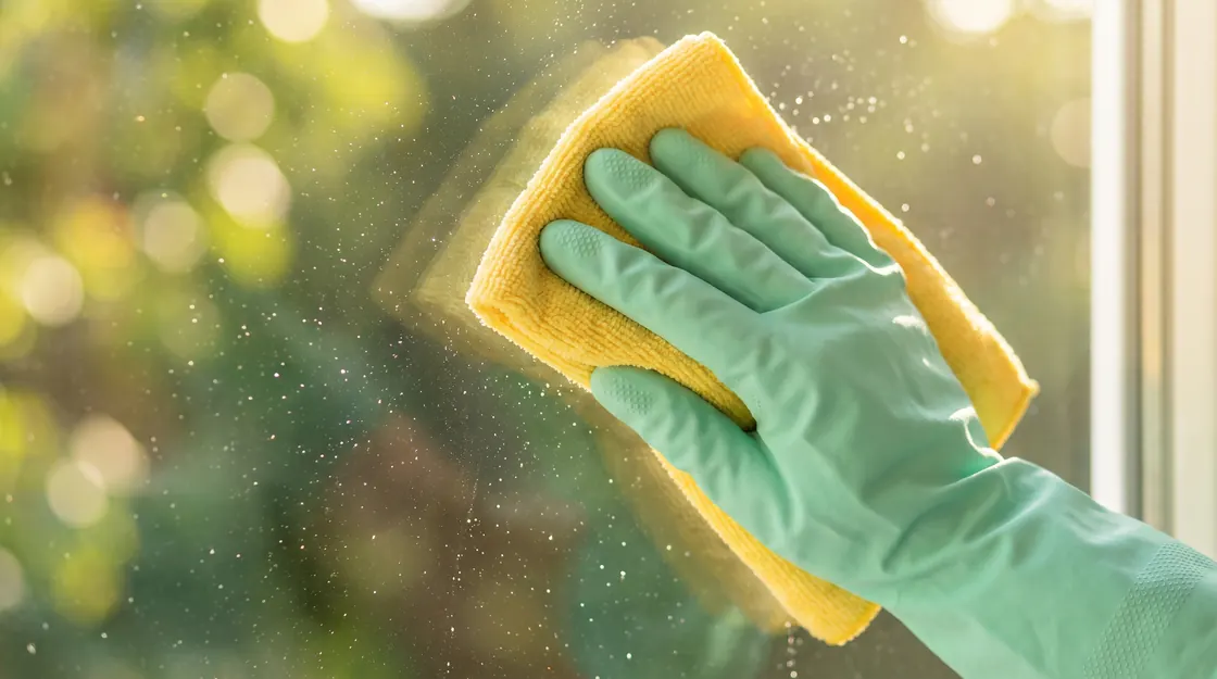 A gloved hand wiping a sunlit window to a streak-free finish with a yellow cloth